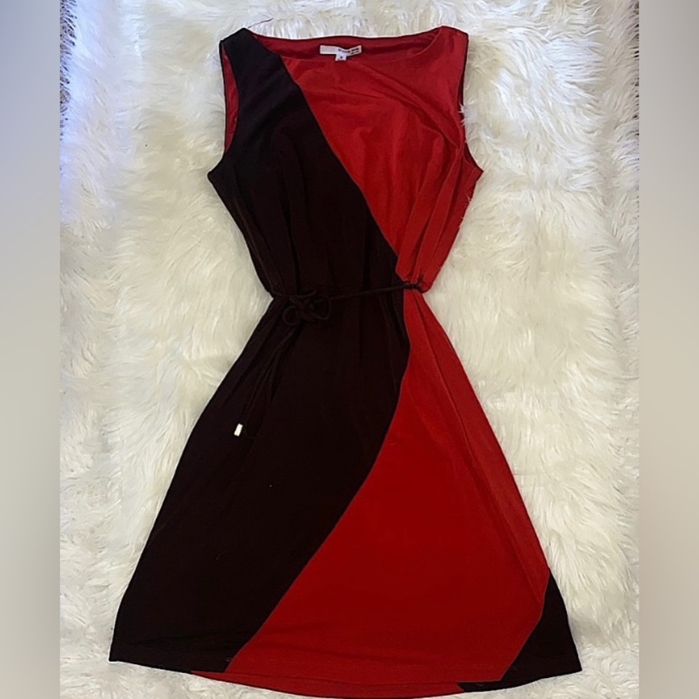 Studio One Orange and Brown Sleeveless Midi Dress With A Wrap Around Tie